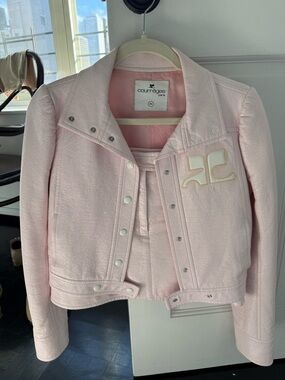 Courrèges Pale Pink Logo Jacket and Skirt Set 36